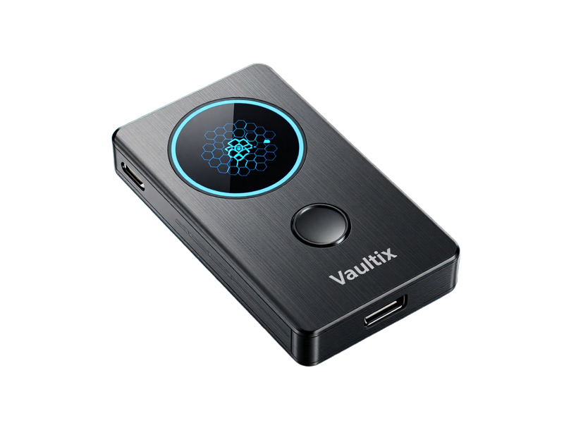Vaultix hardware wallet premium design with secure element chip and OLED display