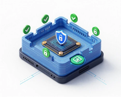 Technical security diagram illustrating air-gapped hardware wallet protection: physical Vaultix device with secure element chip completely isolated from internet by protective barrier, showing green security checkmarks, shield icon, offline operation badge, and physical confirmation requirements
