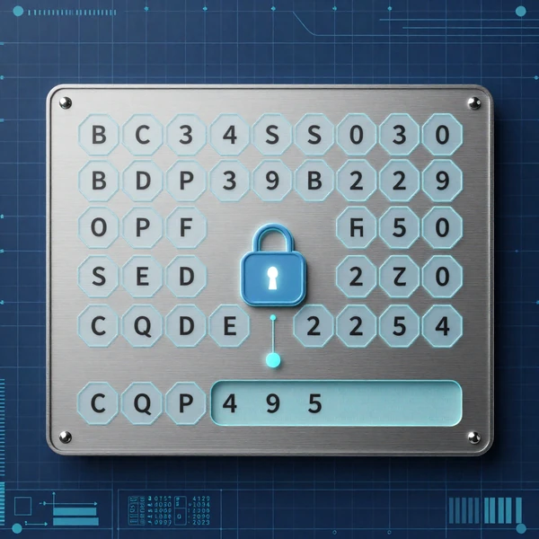 Encrypted seed phrase recovery visualization showing 24-word BIP39 mnemonic displayed as hexagonal encrypted tiles on metal recovery card with lock icon overlay, connected to optional 25th word passphrase field for enhanced security