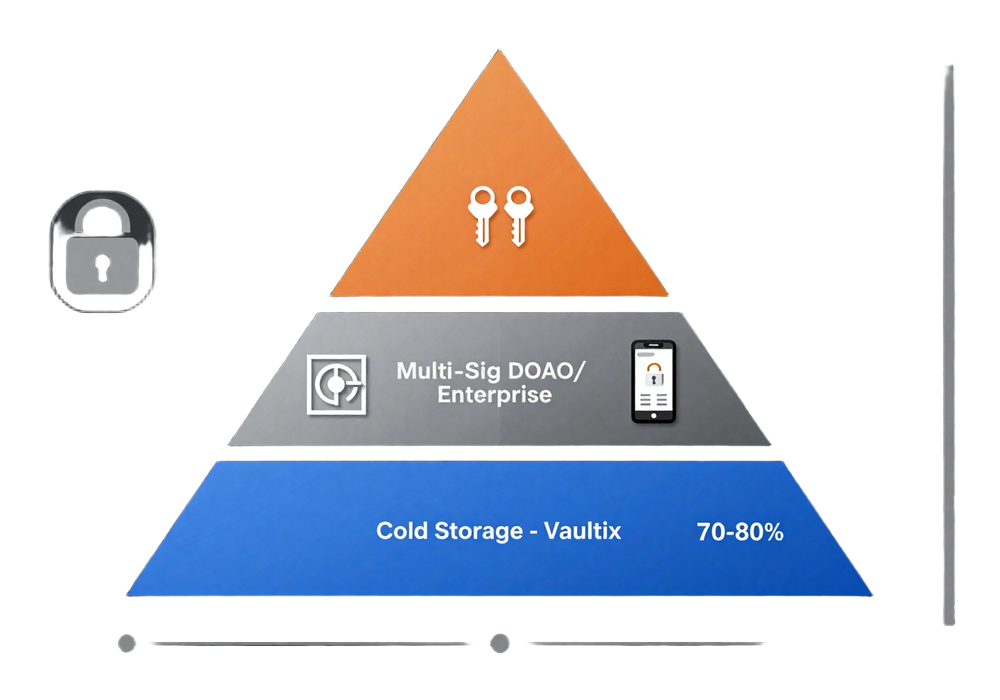 Cryptocurrency portfolio diversification strategy diagram showing tiered security allocation: 70-80% in Vaultix cold storage, 10-20% in multi-sig, 5-10% in hot wallets for daily use, with risk-to-access trade-off visualization