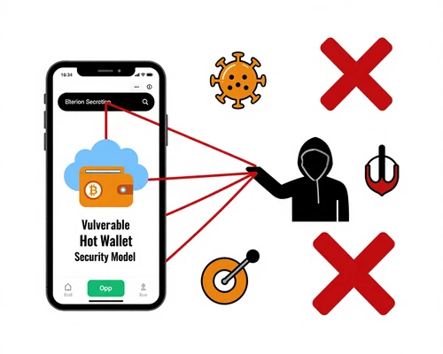 Technical security diagram illustrating hot wallet vulnerabilities: smartphone wallet app connected to internet cloud with red warning lines showing hacker interception points, malware threats, phishing attacks, and data breach pathways