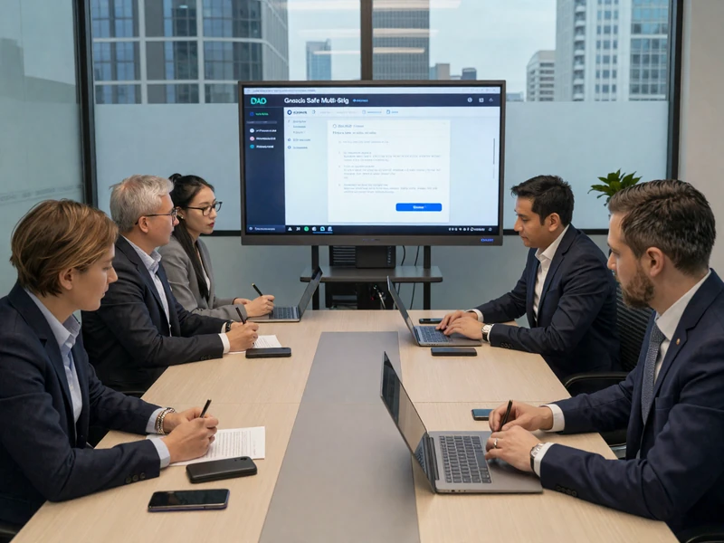 DAO treasury signers conducting multi-signature transaction approval using Vaultix hardware wallets around conference table, demonstrating institutional governance workflow for decentralized organization fund management