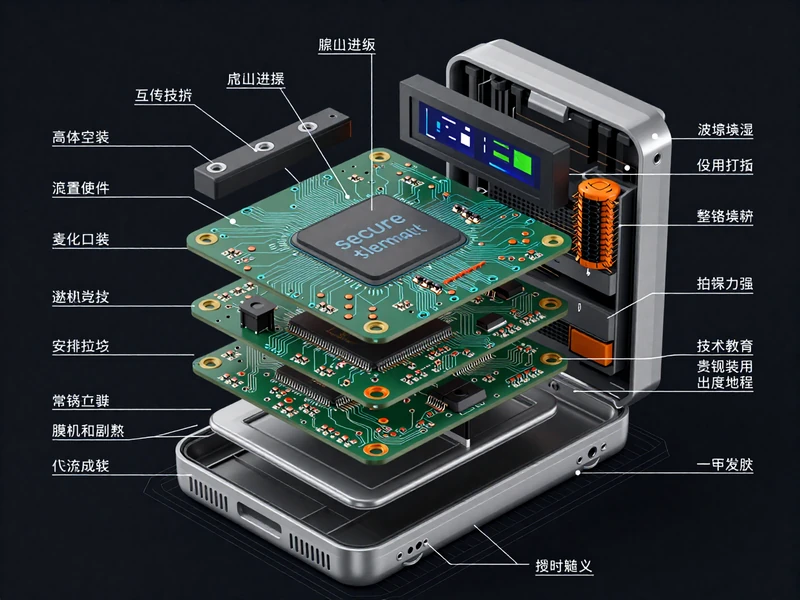 Exploded internal view showing secure element chip, circuit board, and hardware architecture of Vaultix wallet